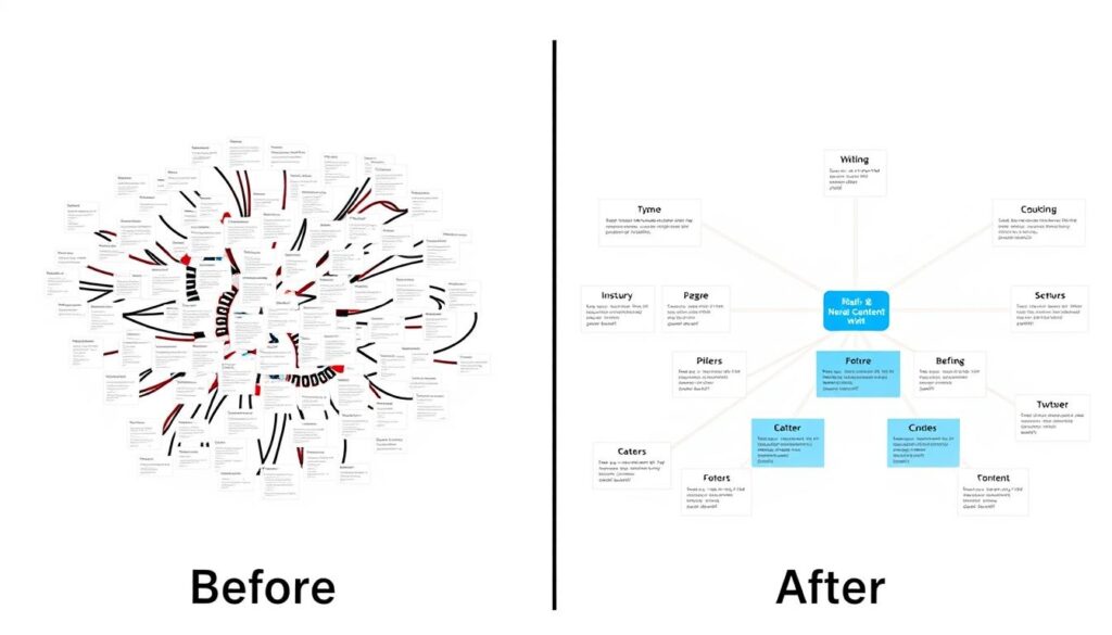 Before and after implementing SEO topic clusters showing improved site structure Before and after implementing SEO topic clusters showing improved site structure